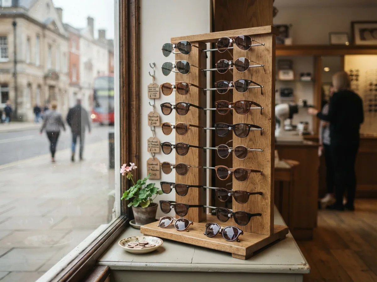 Sunglasses on a wooden stand by the window