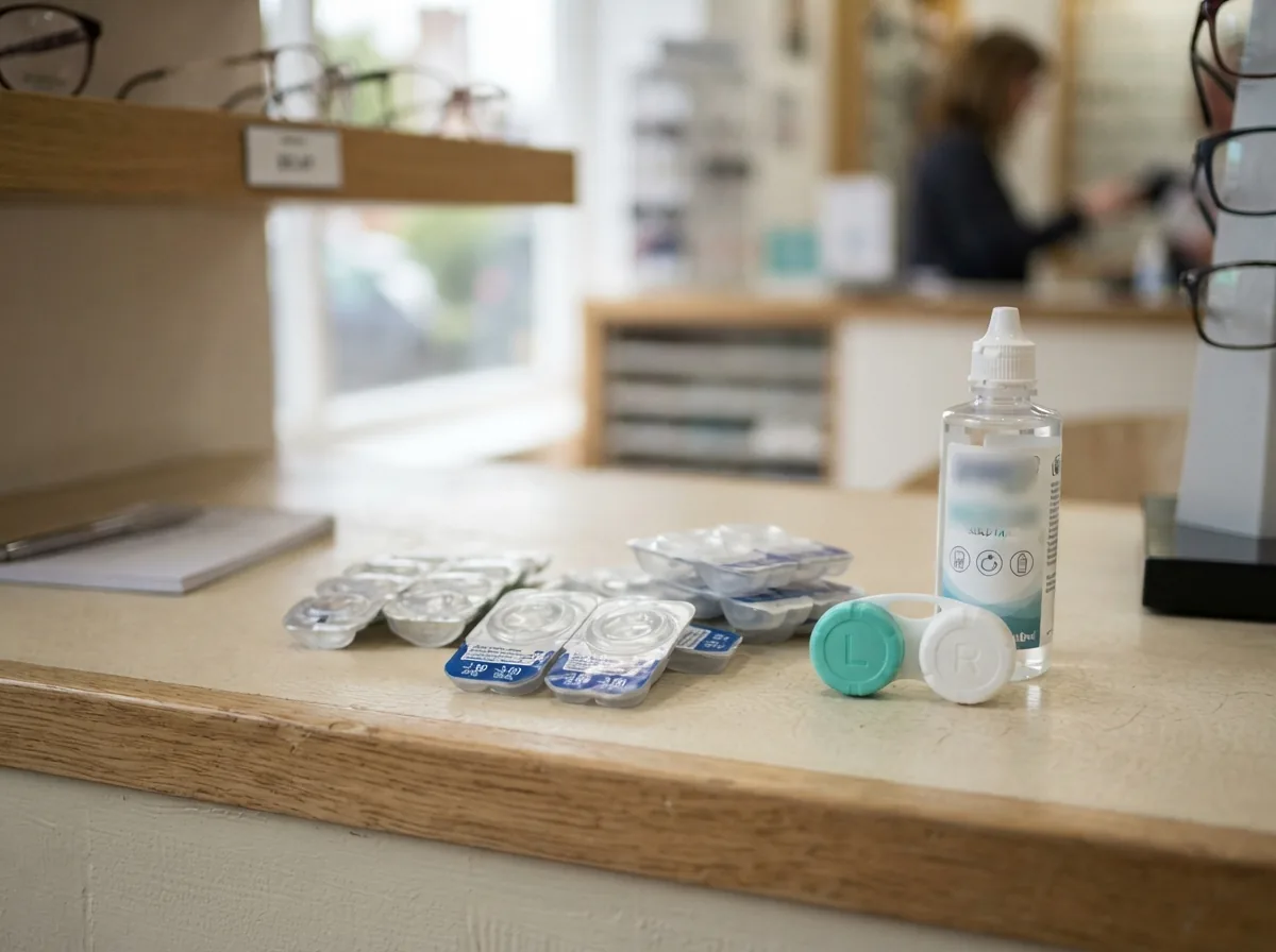 Contact lenses, a case and solution laid out on the counter