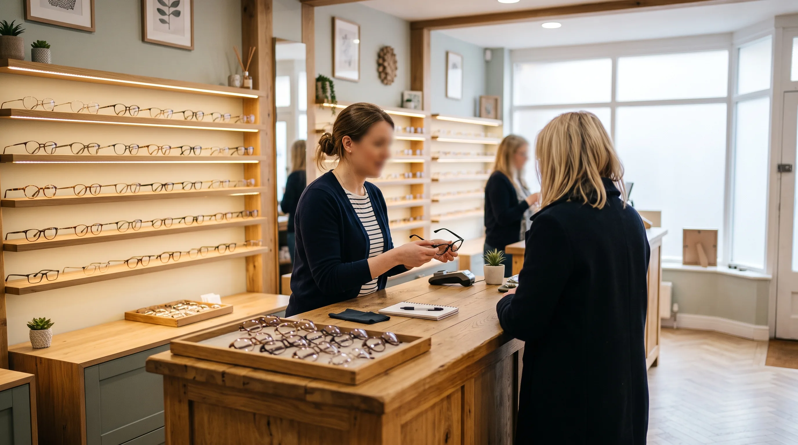 A bright modern opticians with walls of frames