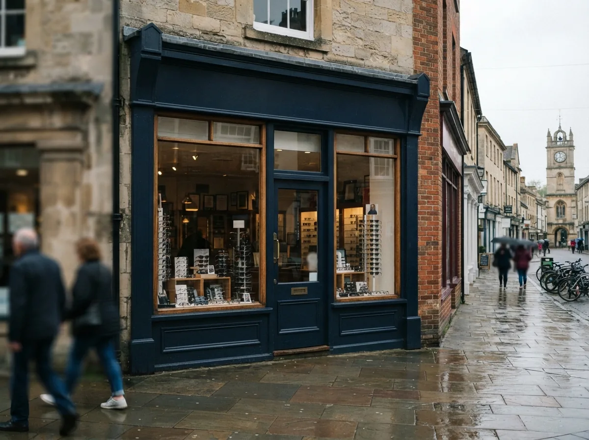 The shop from the street, with glasses in the window