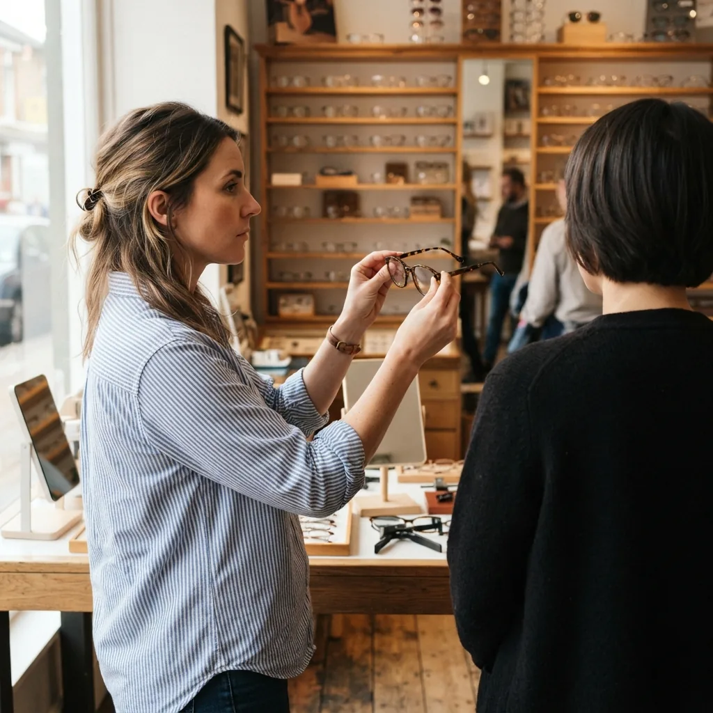 The optometrist holding a frame up in the shop