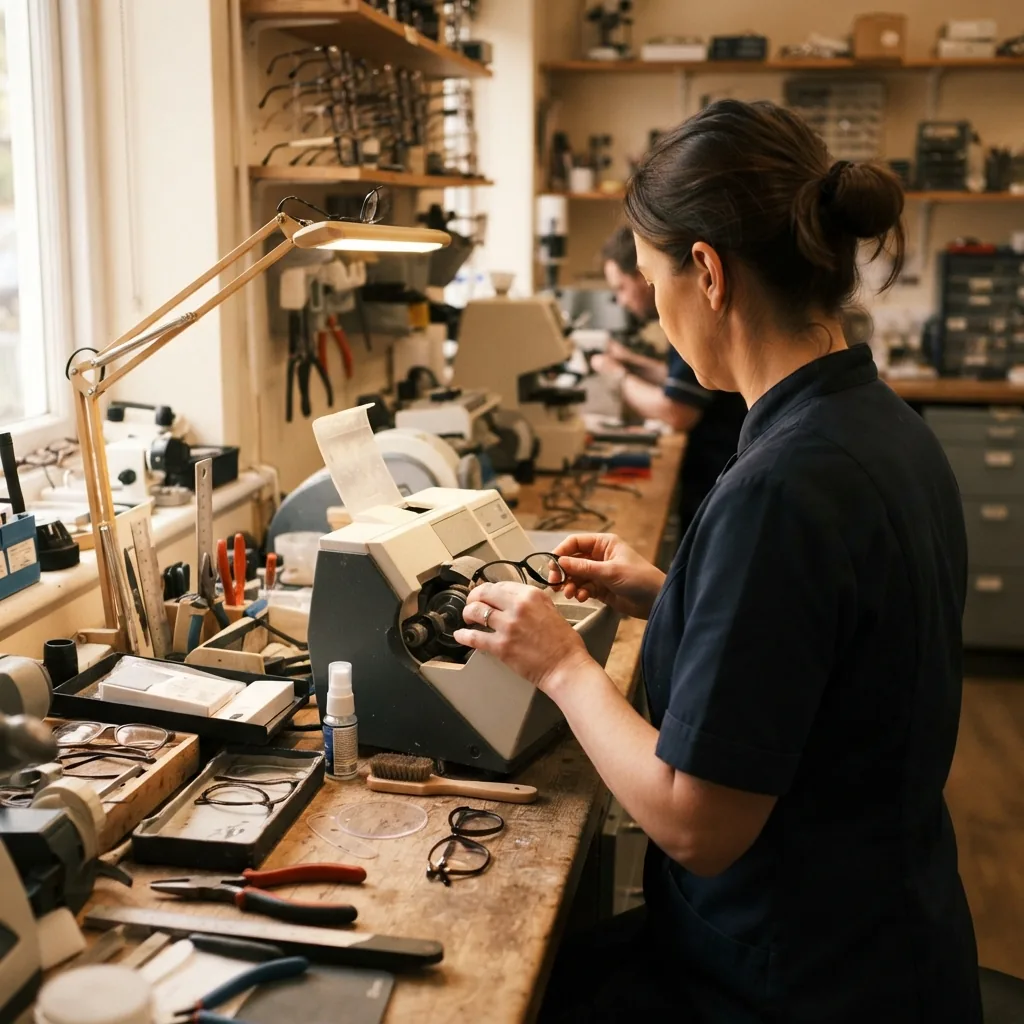 The dispensing optician glazing a lens at the workshop bench