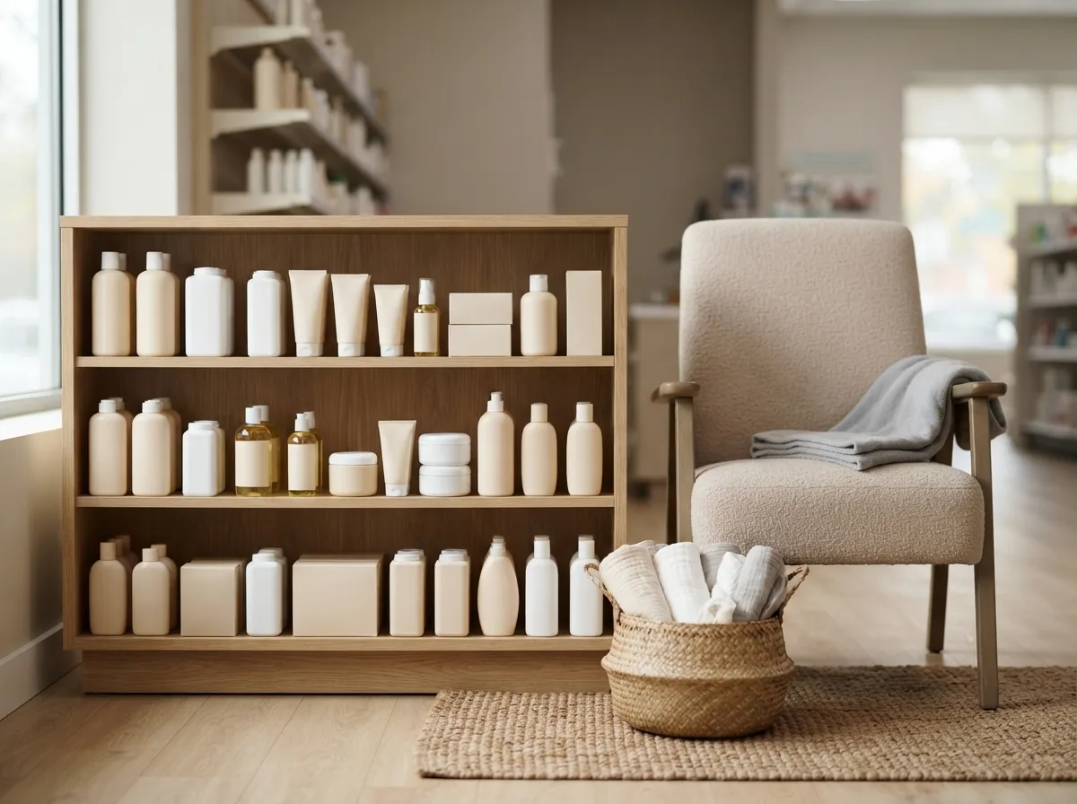 Low shelves of baby products with a chair beside them