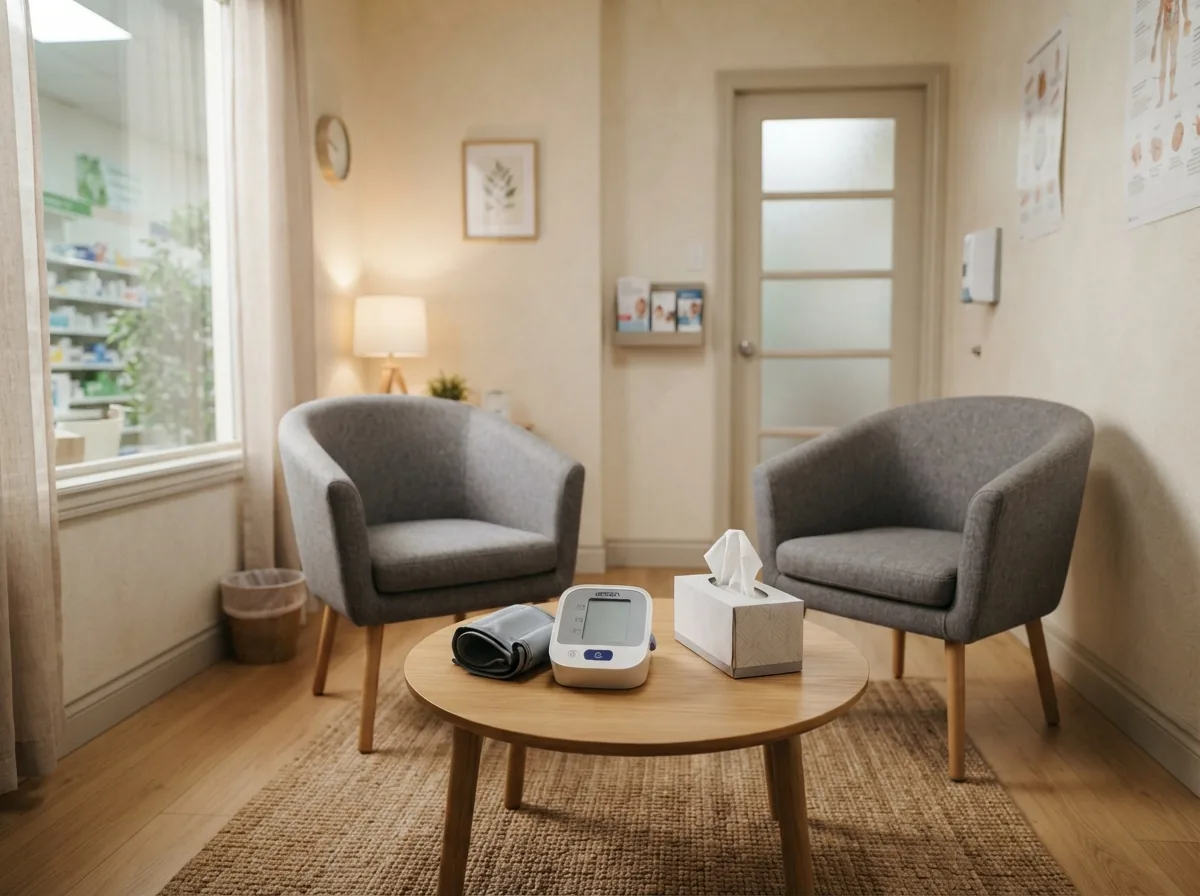 A chair and a blood pressure monitor in the private room
