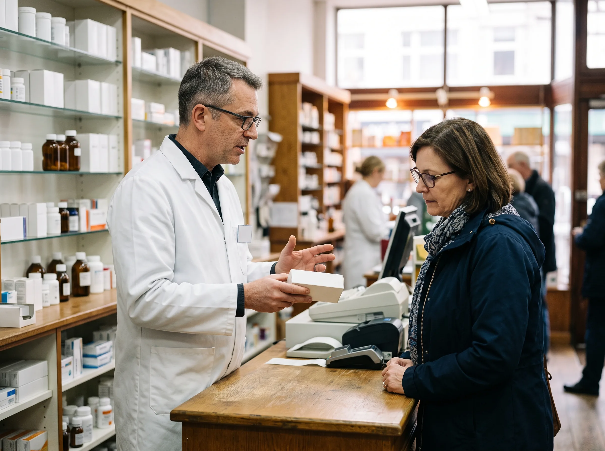 A pharmacist at the counter explaining a dose to a customer