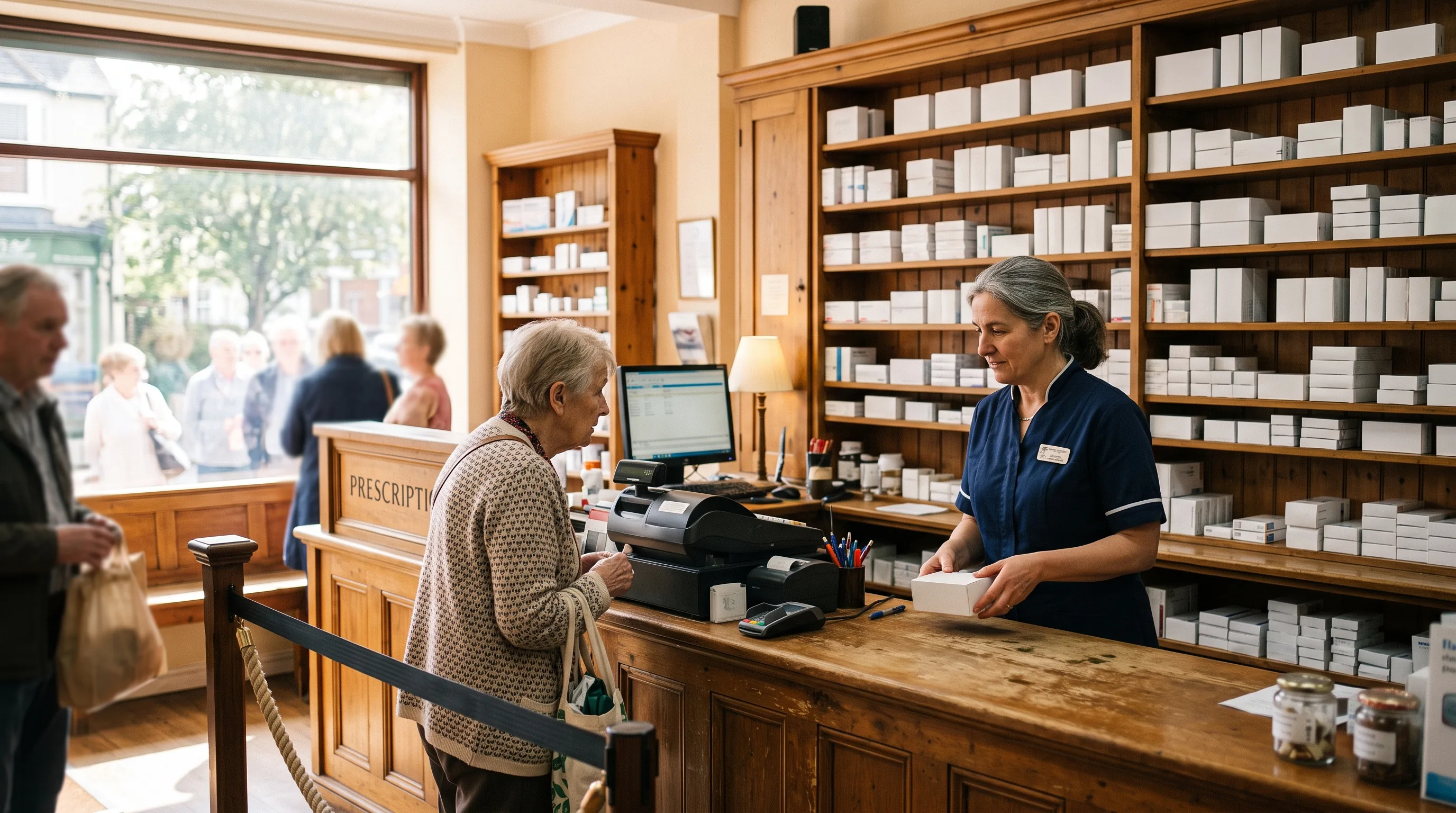 The dispensing counter in morning light