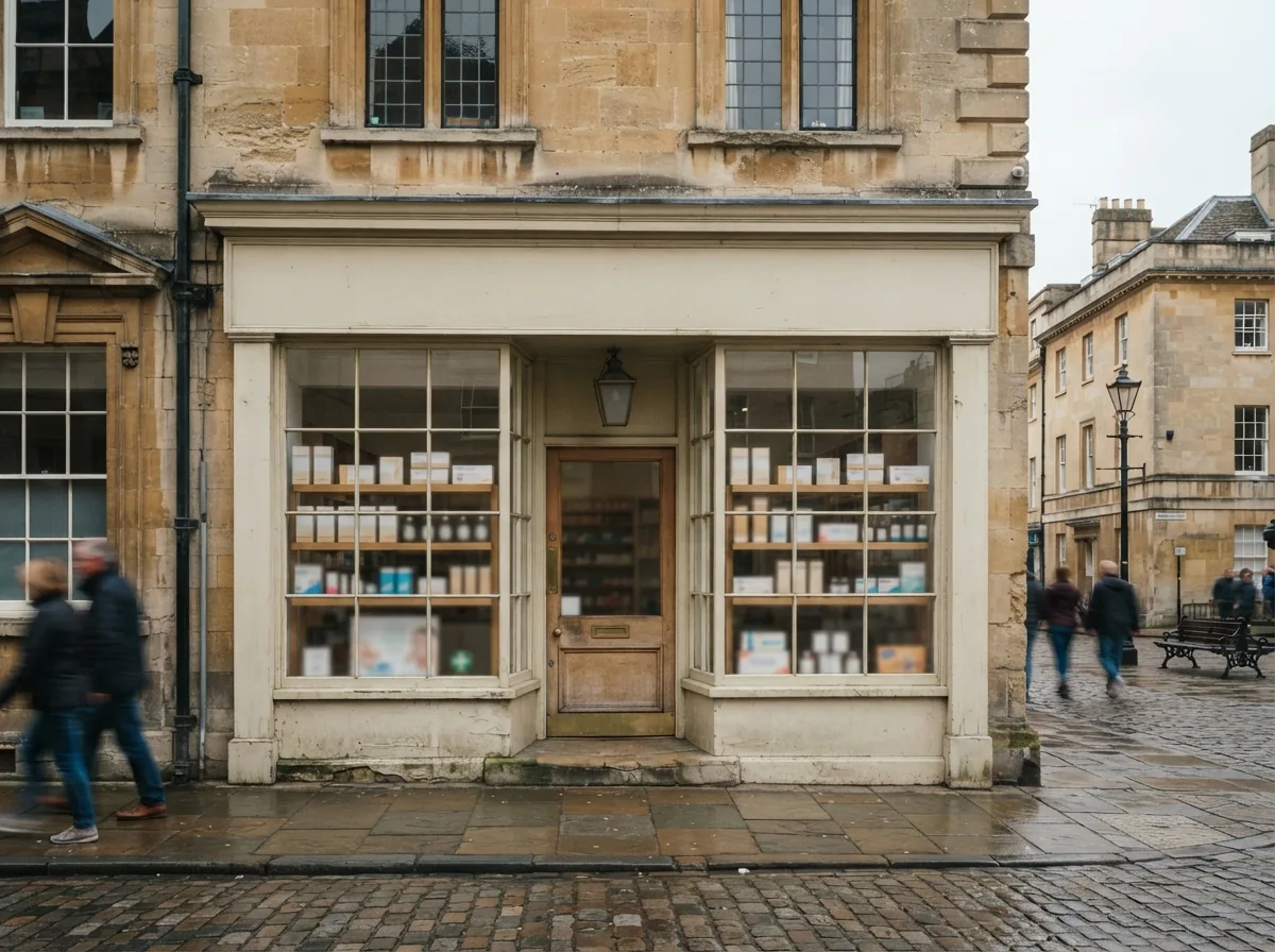 The pharmacy entrance on the ground floor of a house on the market place