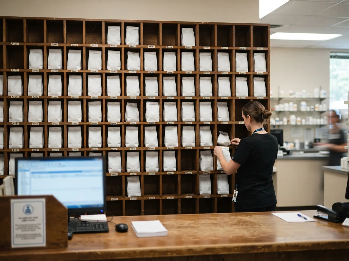 Pigeonholes of made-up reservations behind the counter