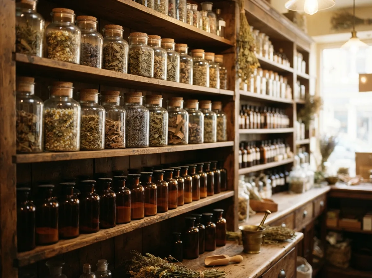 Wooden shelves of herbal teas and supplements