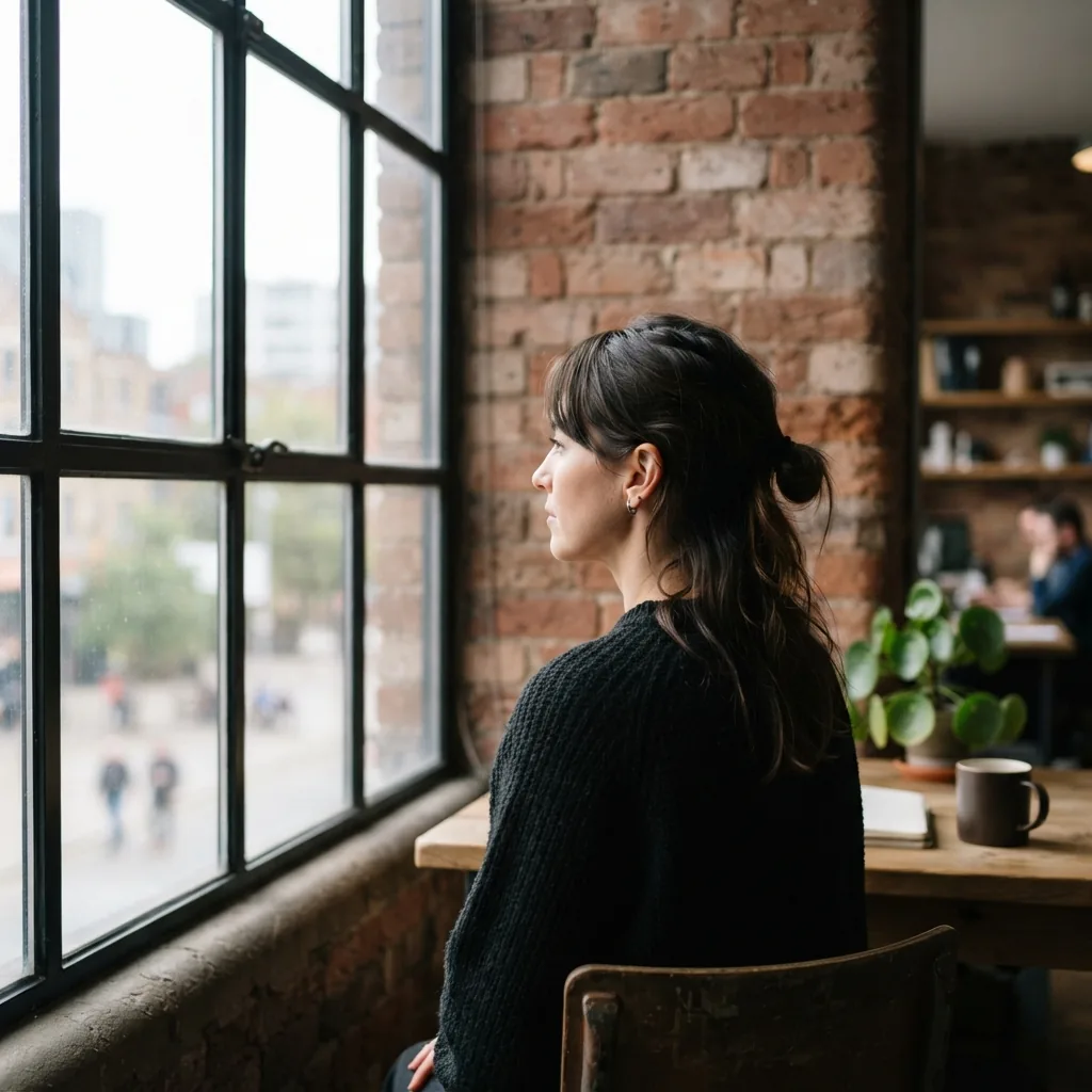 A headshot by a window in a brick-walled office