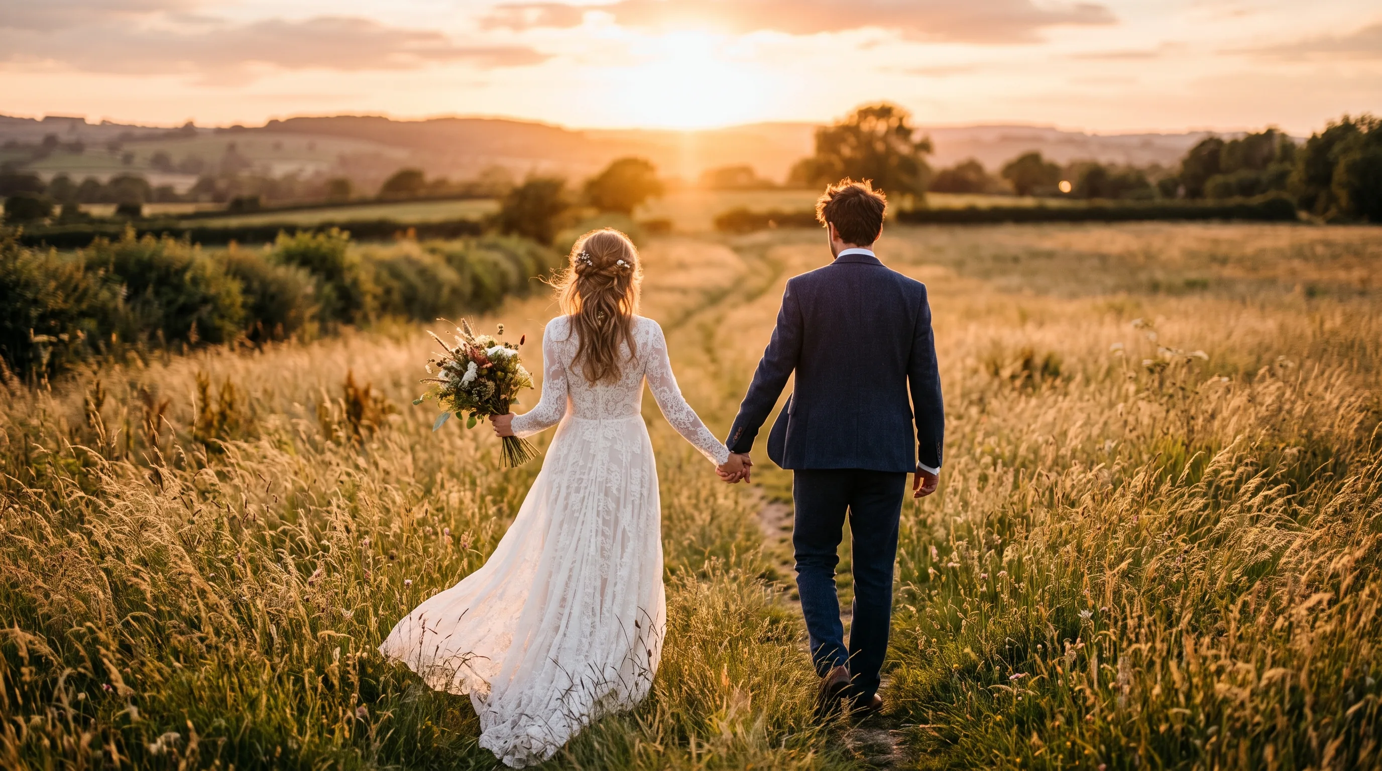 A couple in a vineyard at golden hour