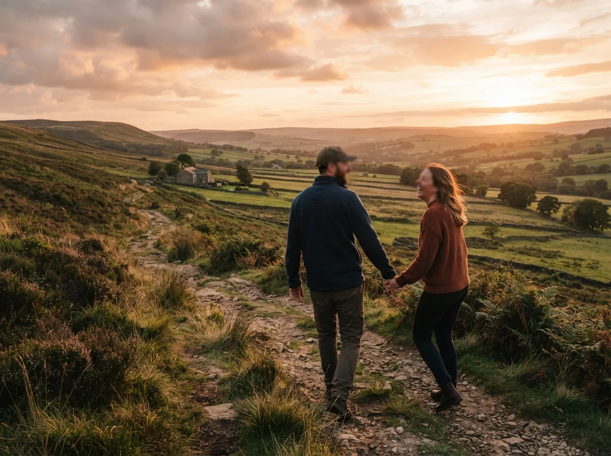 A couple walking between vines in evening sun