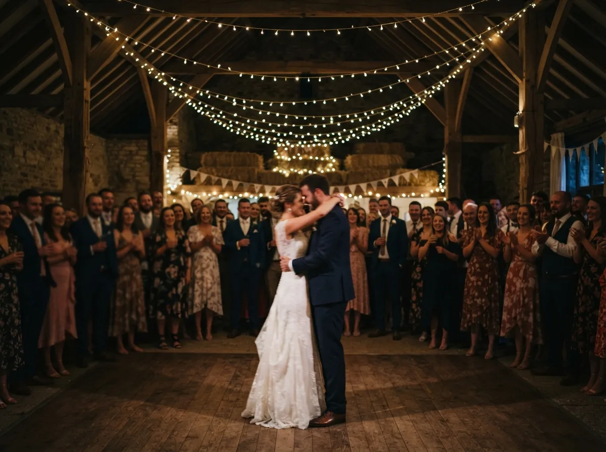 A couple outside a lit barn during the evening reception