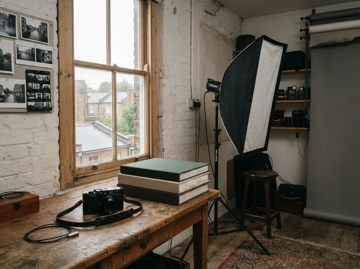 A corner of the studio with a camera, albums and a softbox