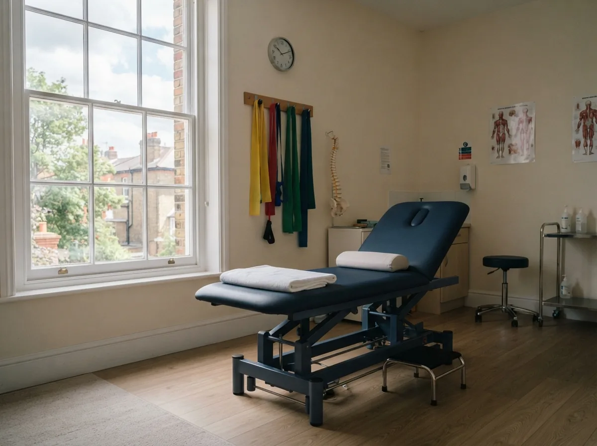 The rehab gym, with a plinth, gym balls and free weights