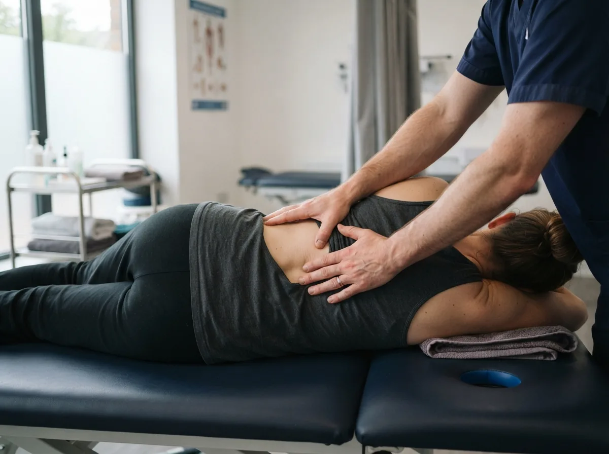 Hands-on treatment of a patient's lower back on a treatment plinth