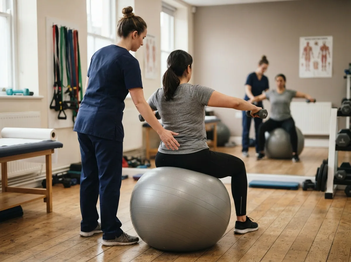 A patient working on a gym ball while a physiotherapist watches
