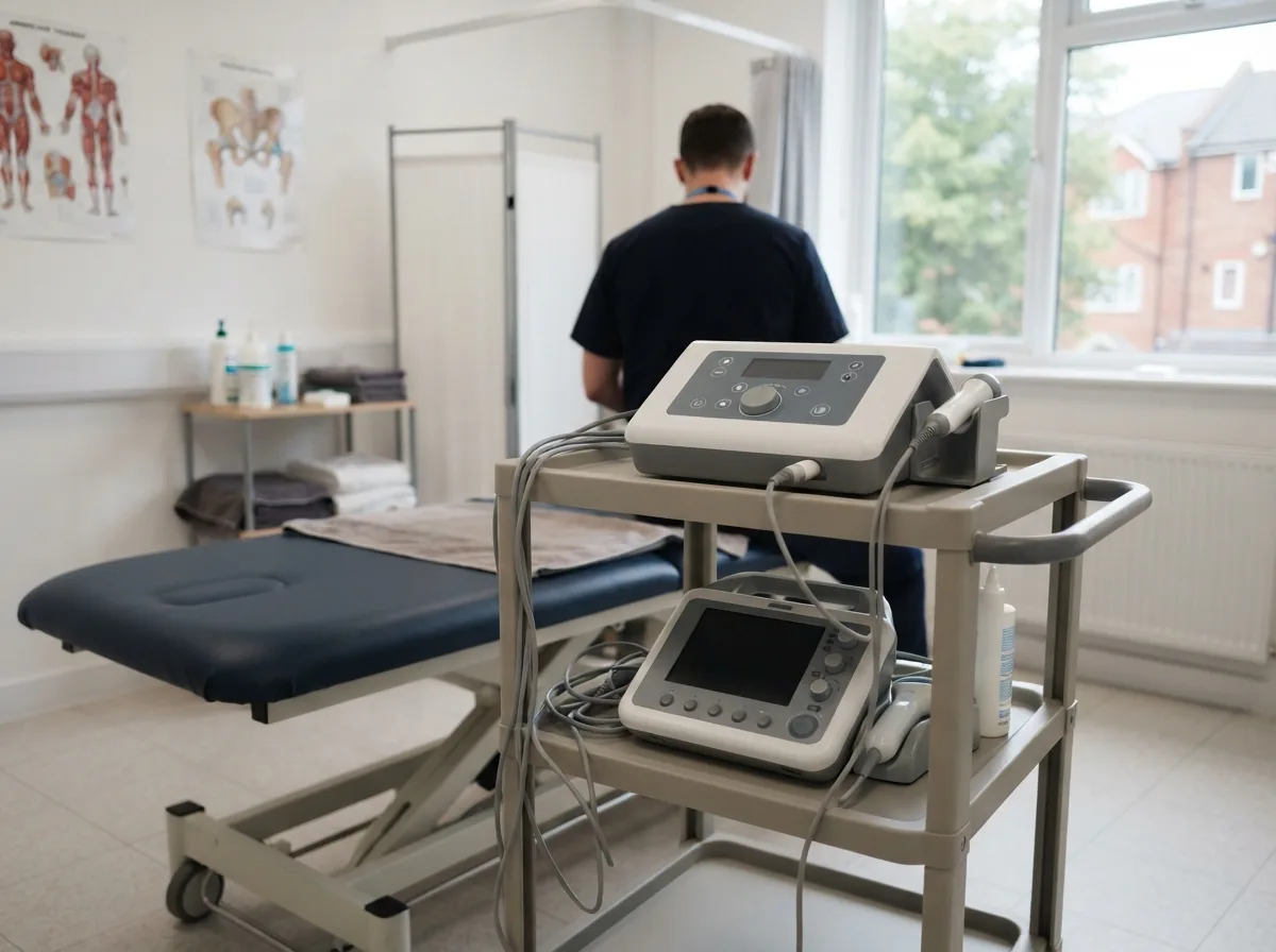 A shockwave machine and ultrasound unit in a treatment room