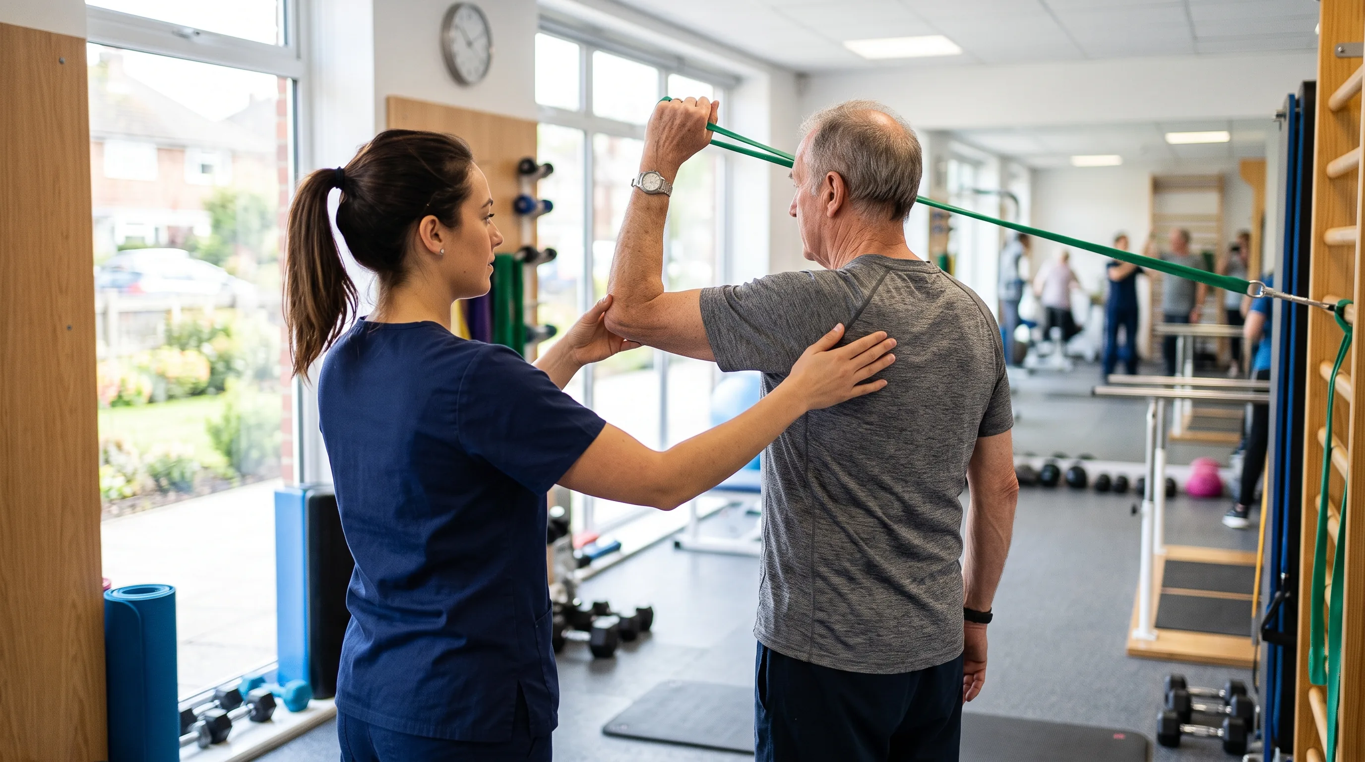 A physiotherapist working through exercises with a patient in a bright rehab gym
