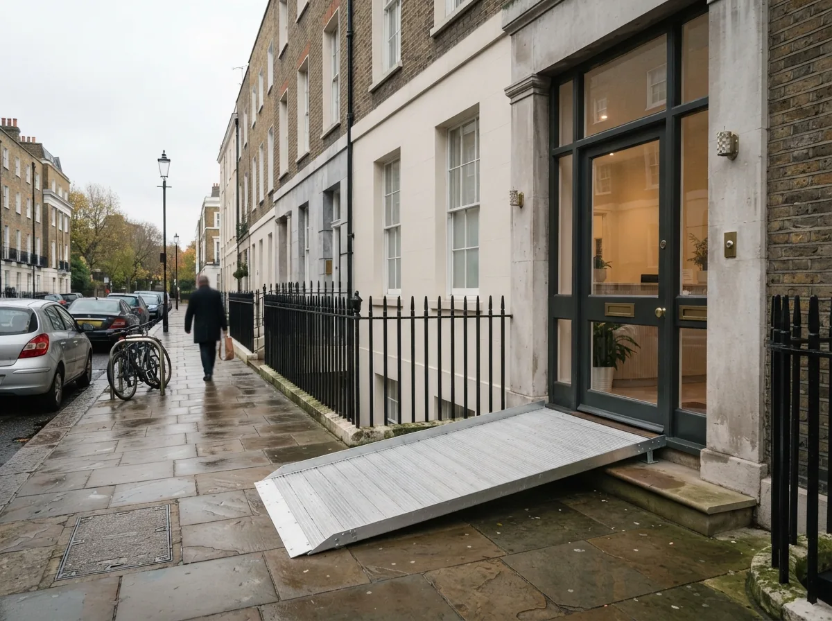 The clinic entrance from the street, with a ramp