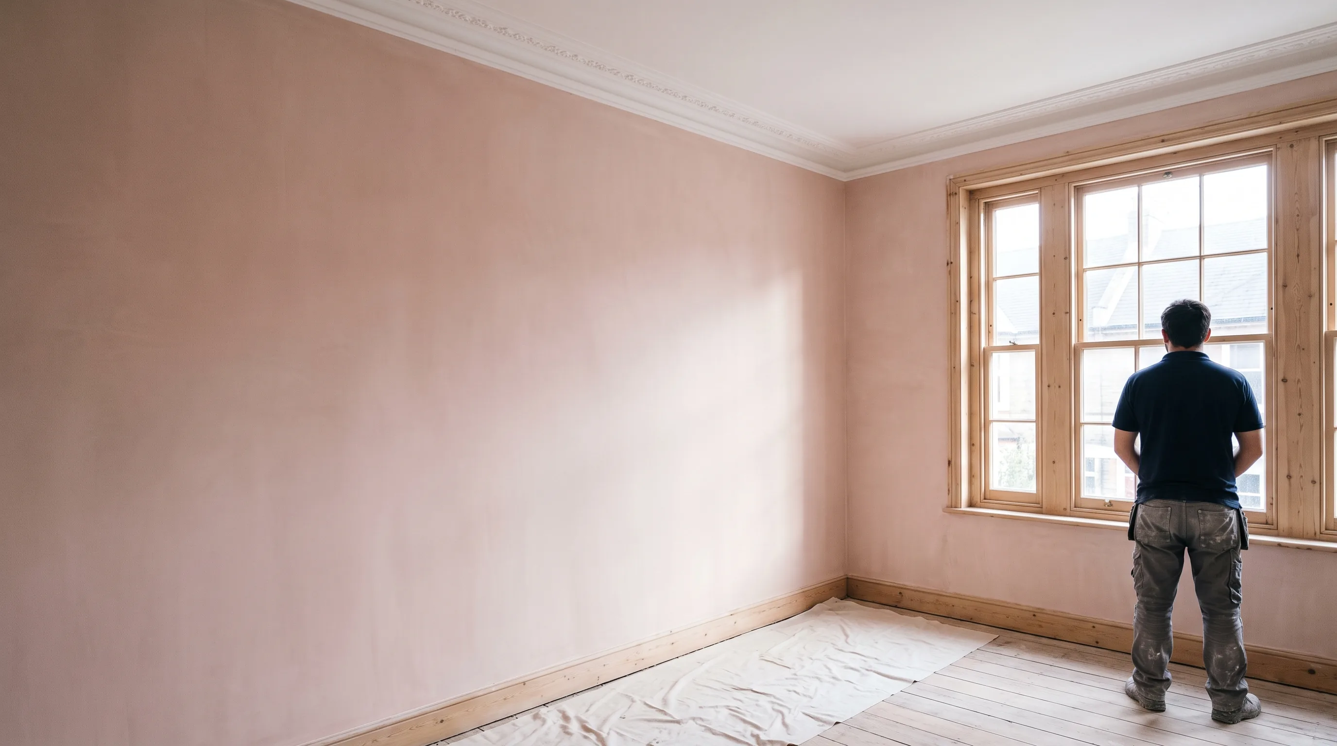 A freshly skimmed room with flawless flat plaster and original coving