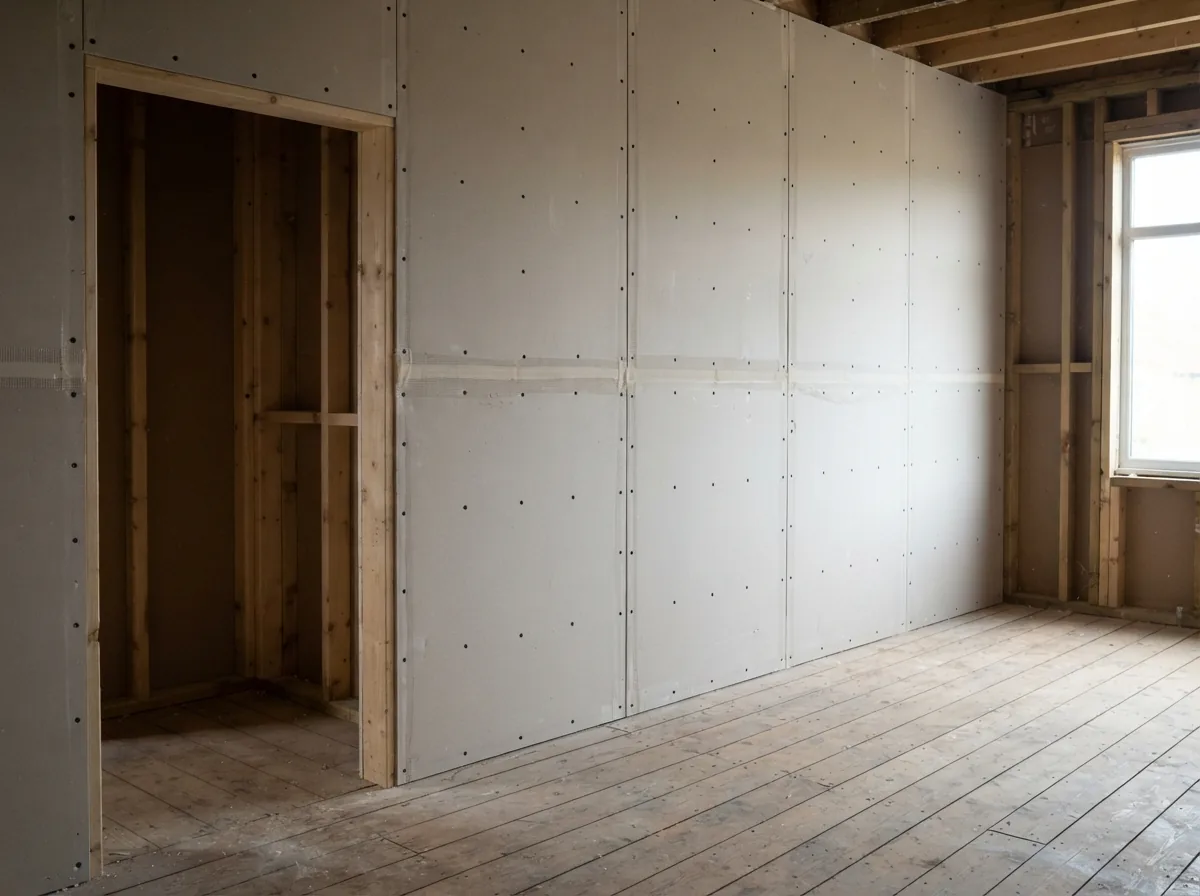 A freshly skimmed wall with raking light showing there are no trowel marks