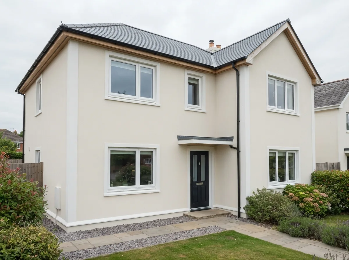 Newly applied silicone render across a house elevation with crisp corner beads