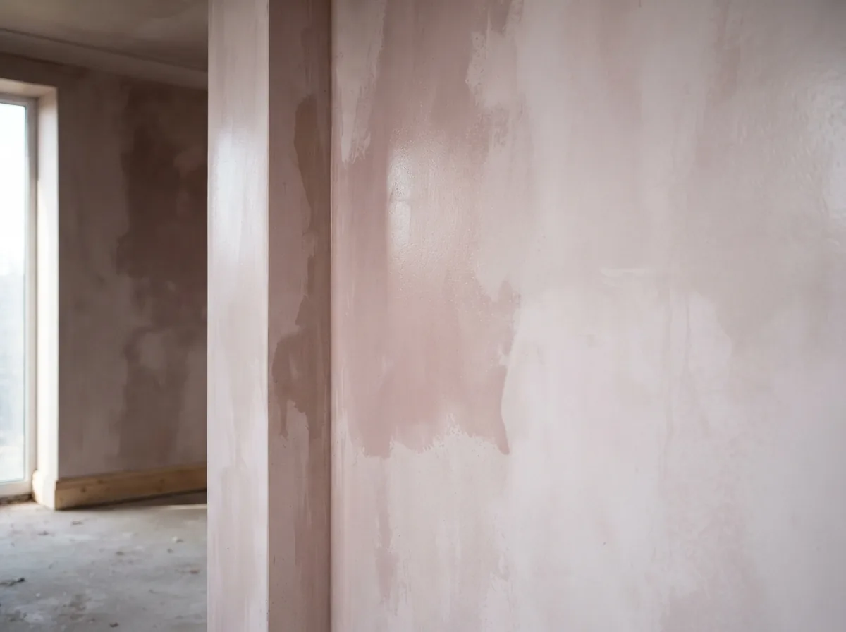 A room part-way through plastering, one wall finished and one still in undercoat