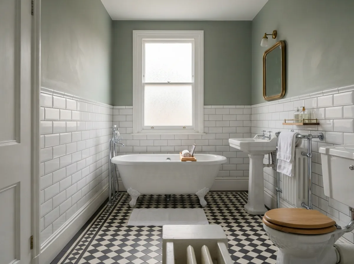 A finished family bathroom in a Victorian terrace with metro tiles and a chequerboard floor