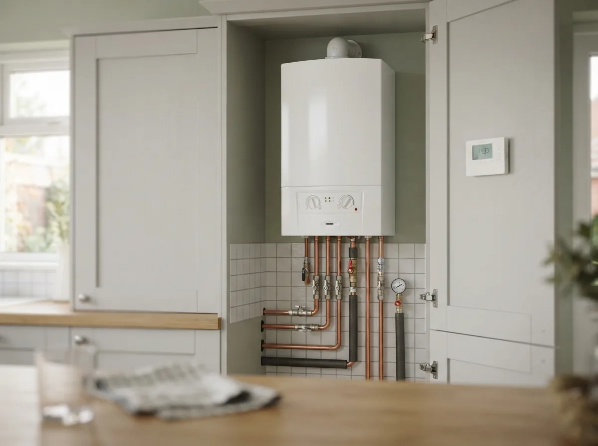 A newly fitted combi boiler and neat copper pipework in a kitchen cupboard