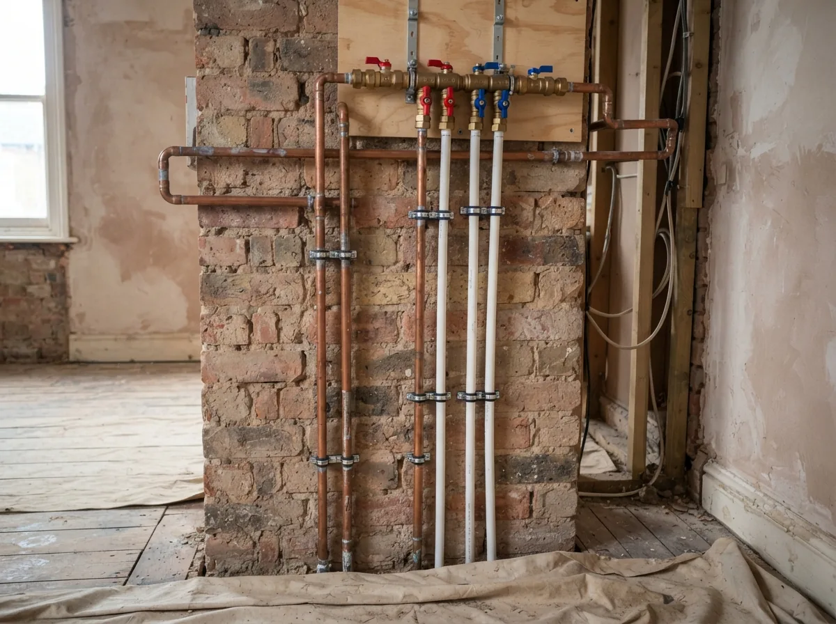 New copper and plastic pipework running to a manifold during a house renovation