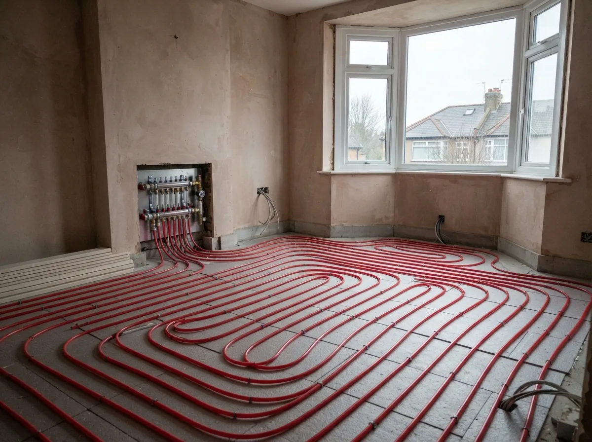 Underfloor heating loops clipped to insulation boards before screeding