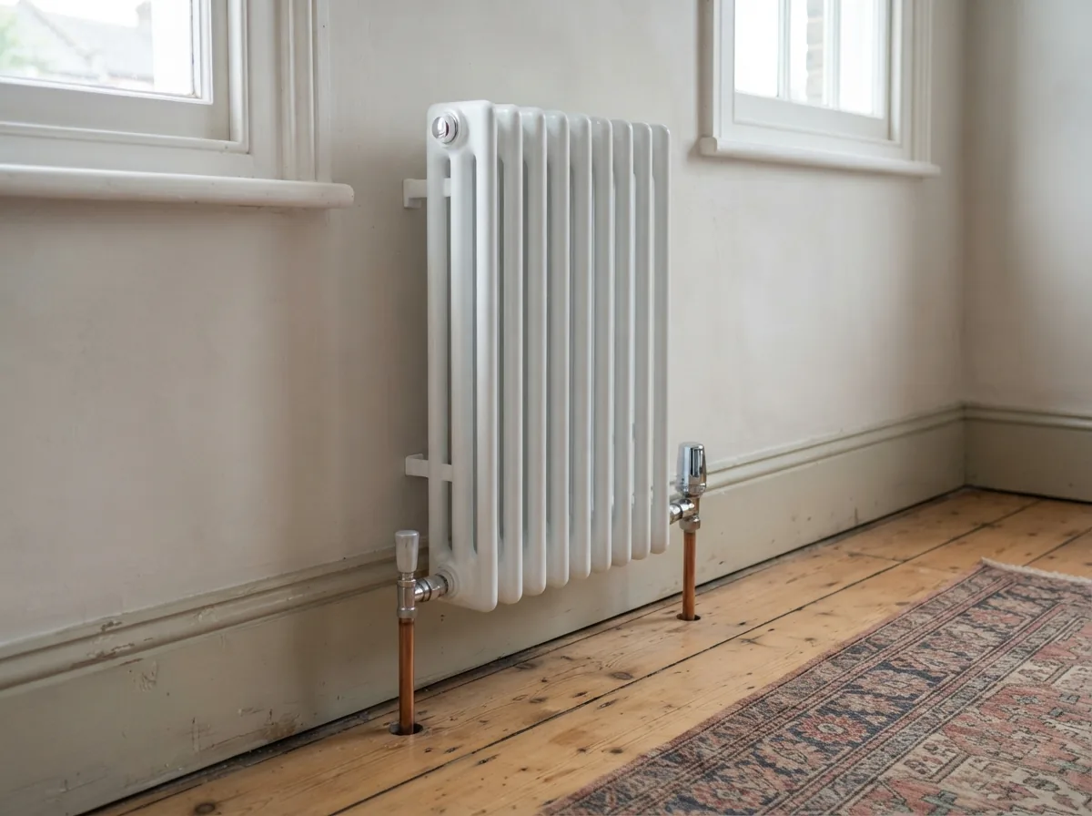 A new white column radiator with a thermostatic valve in a period room