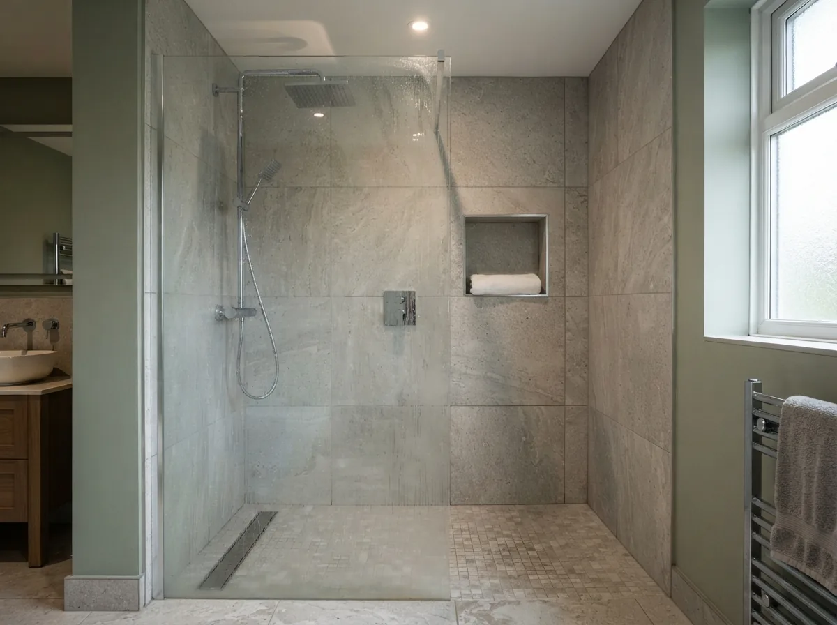 A compact finished bathroom with a shower over the bath and a vanity unit