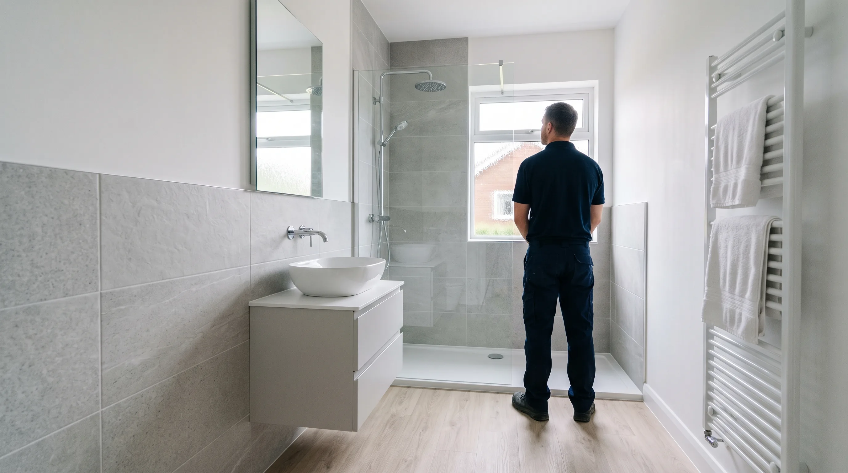 A finished bathroom with a wall-hung basin, walk-in shower and heated towel rail