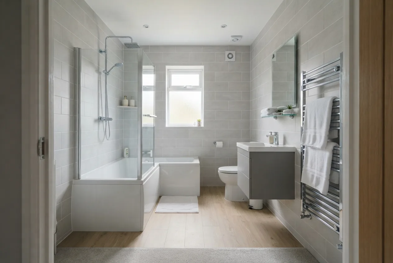 A finished walk-in shower with a frameless glass screen and chrome rainfall head