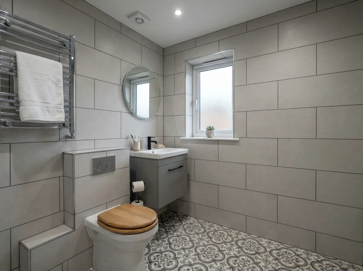 A finished bathroom with grey wall tiles, a slim vanity unit and a heated towel rail