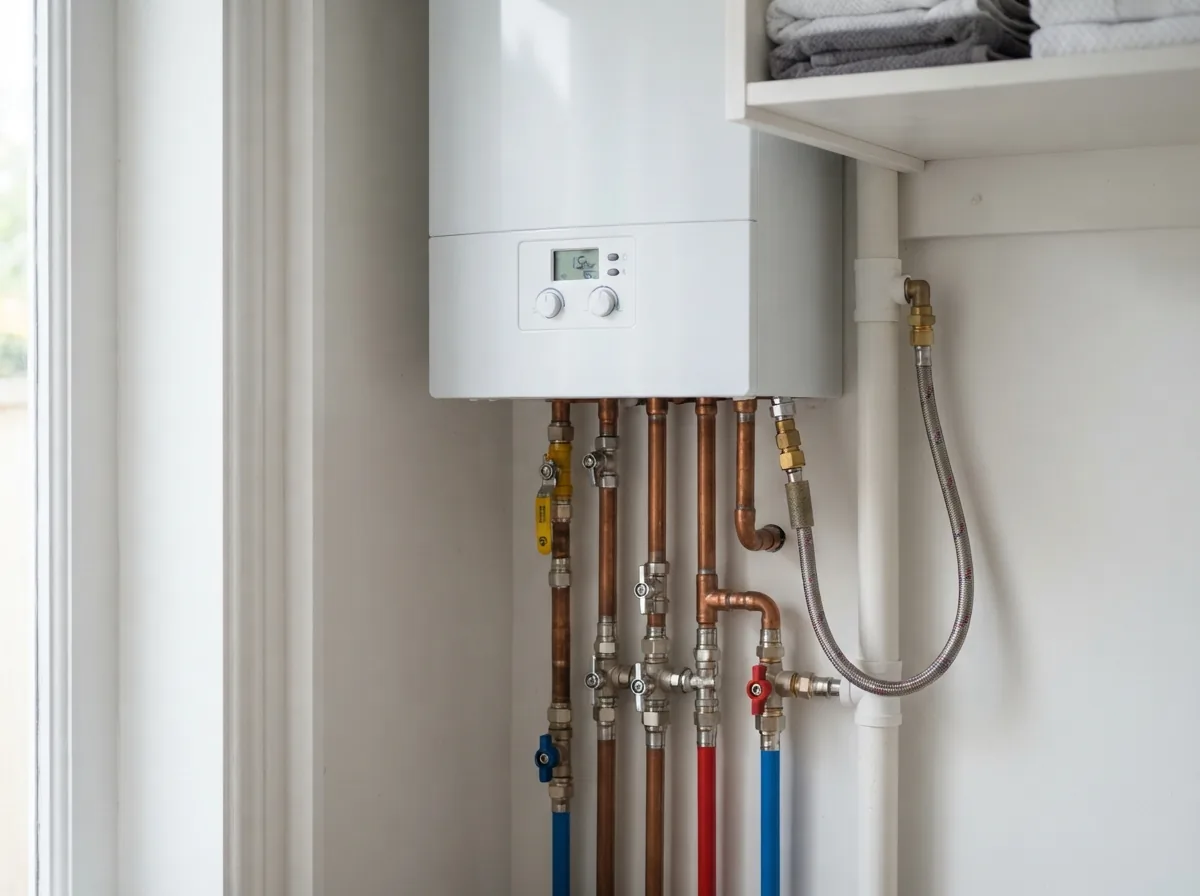 A newly fitted white combi boiler with tidy copper pipework in a kitchen cupboard