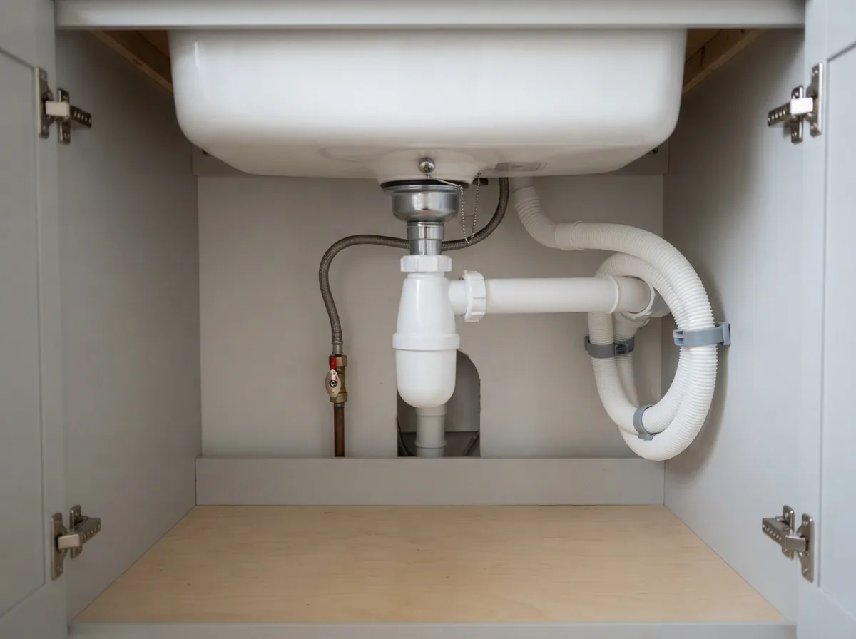 Clean white waste pipework and a bottle trap under a kitchen sink