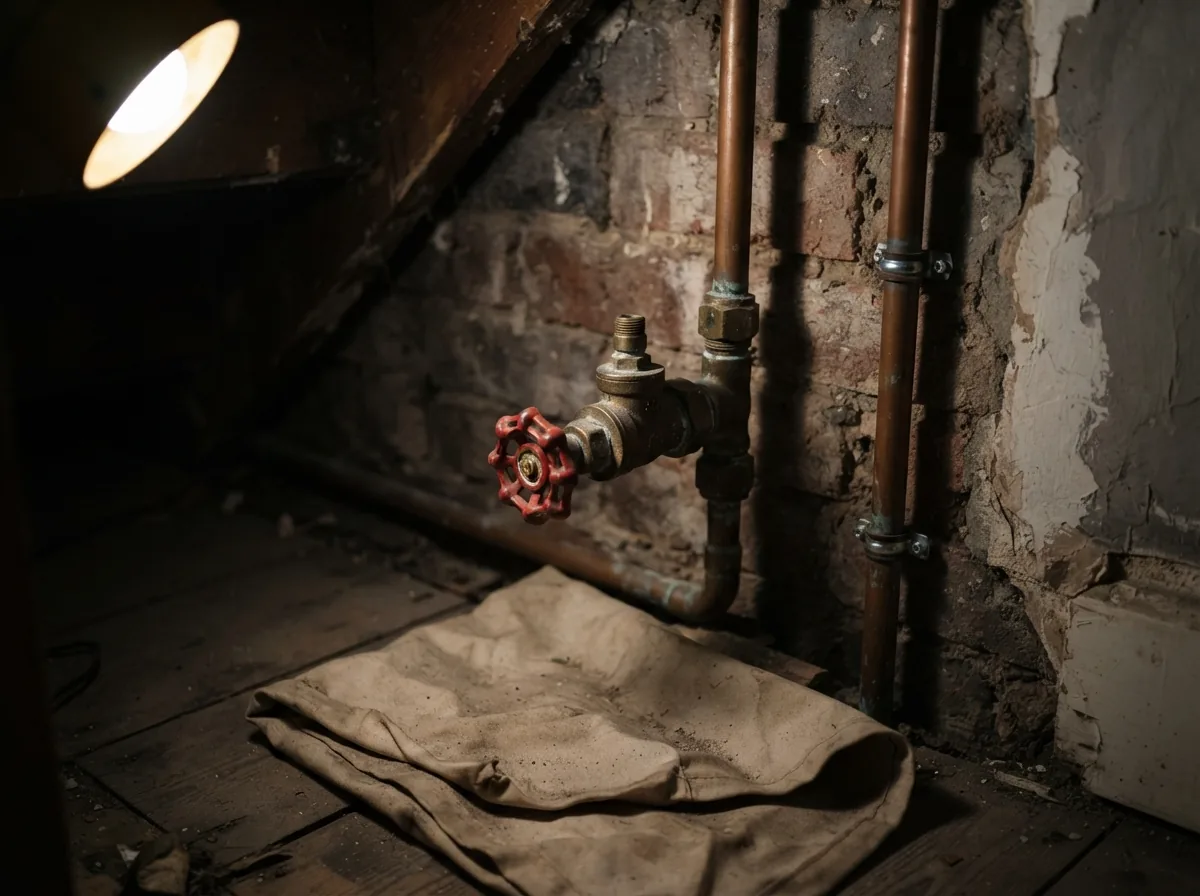 A brass stopcock on a copper pipe in a cupboard under the stairs
