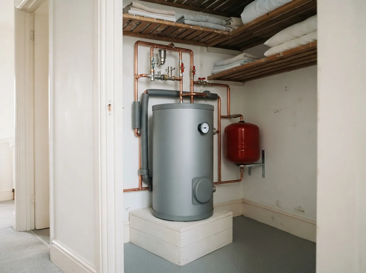 A stainless steel hot water cylinder with copper pipework in an airing cupboard