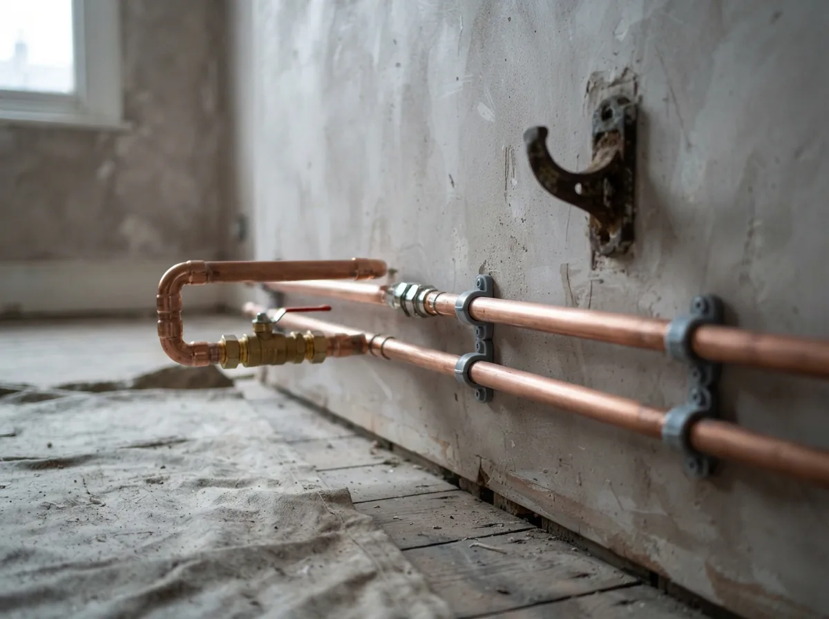 New copper pipework with soldered joints running up a bare plastered wall