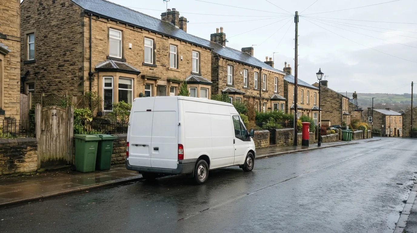A plain white van parked on a stone terraced street in a West Yorkshire town
