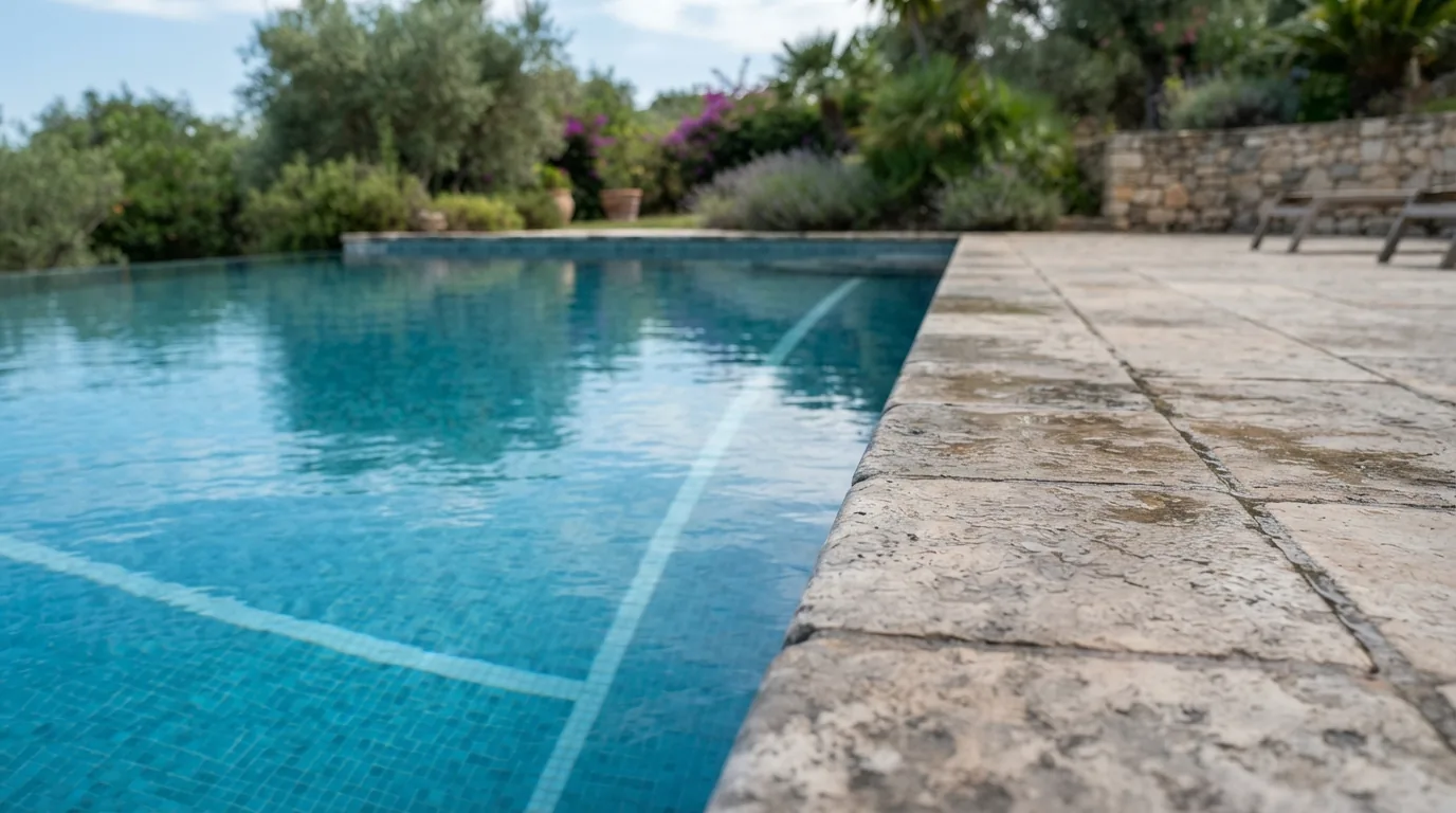 Still water in a garden pool with a timber deck round it