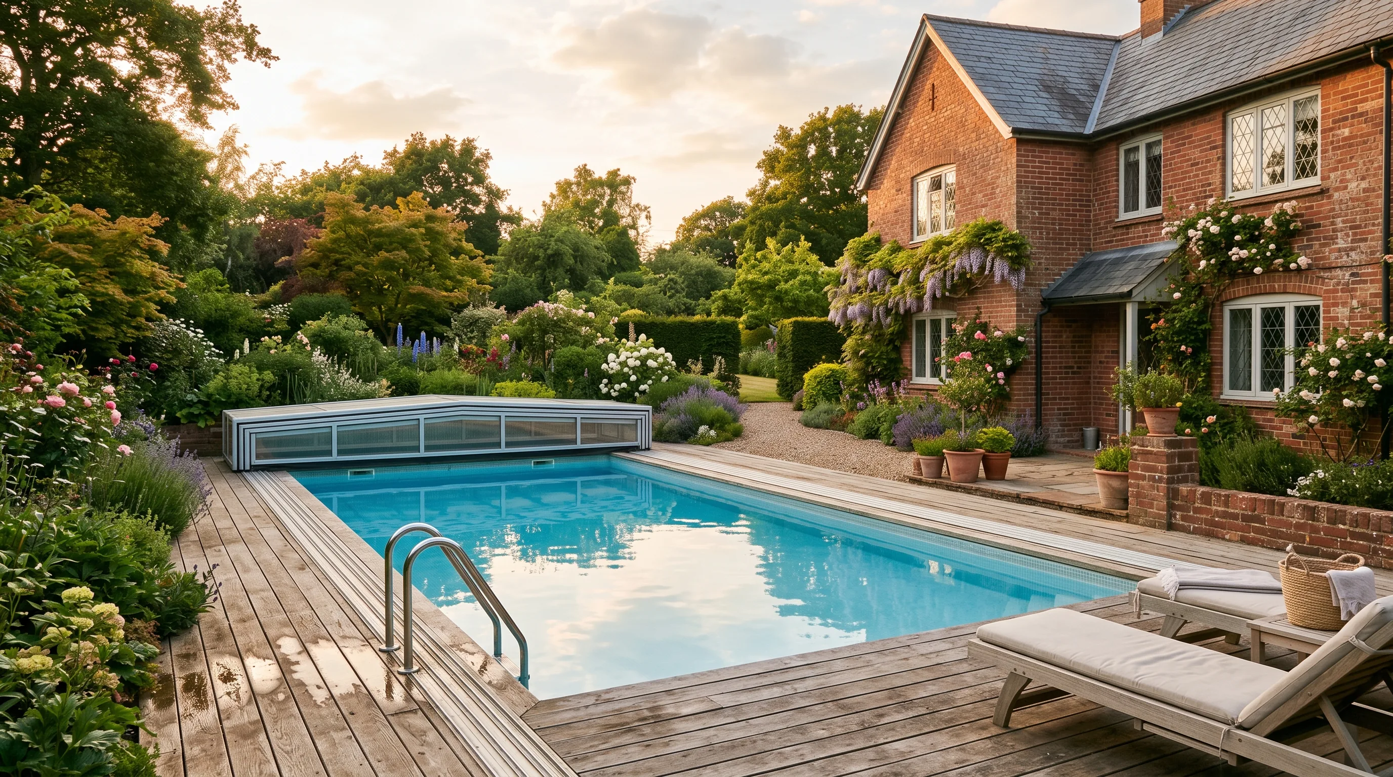 A garden pool with a timber deck and a low enclosure beside a house