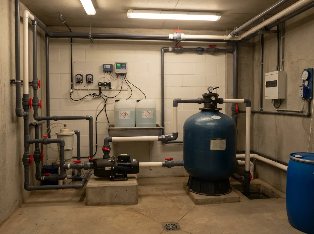 The plant room — sand filter, pump and automatic dosing