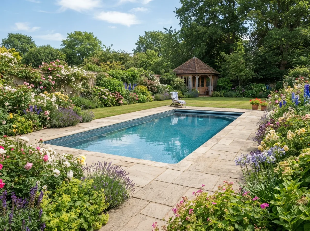 A liner pool, 8 × 4 m, with frost-proof paving round it