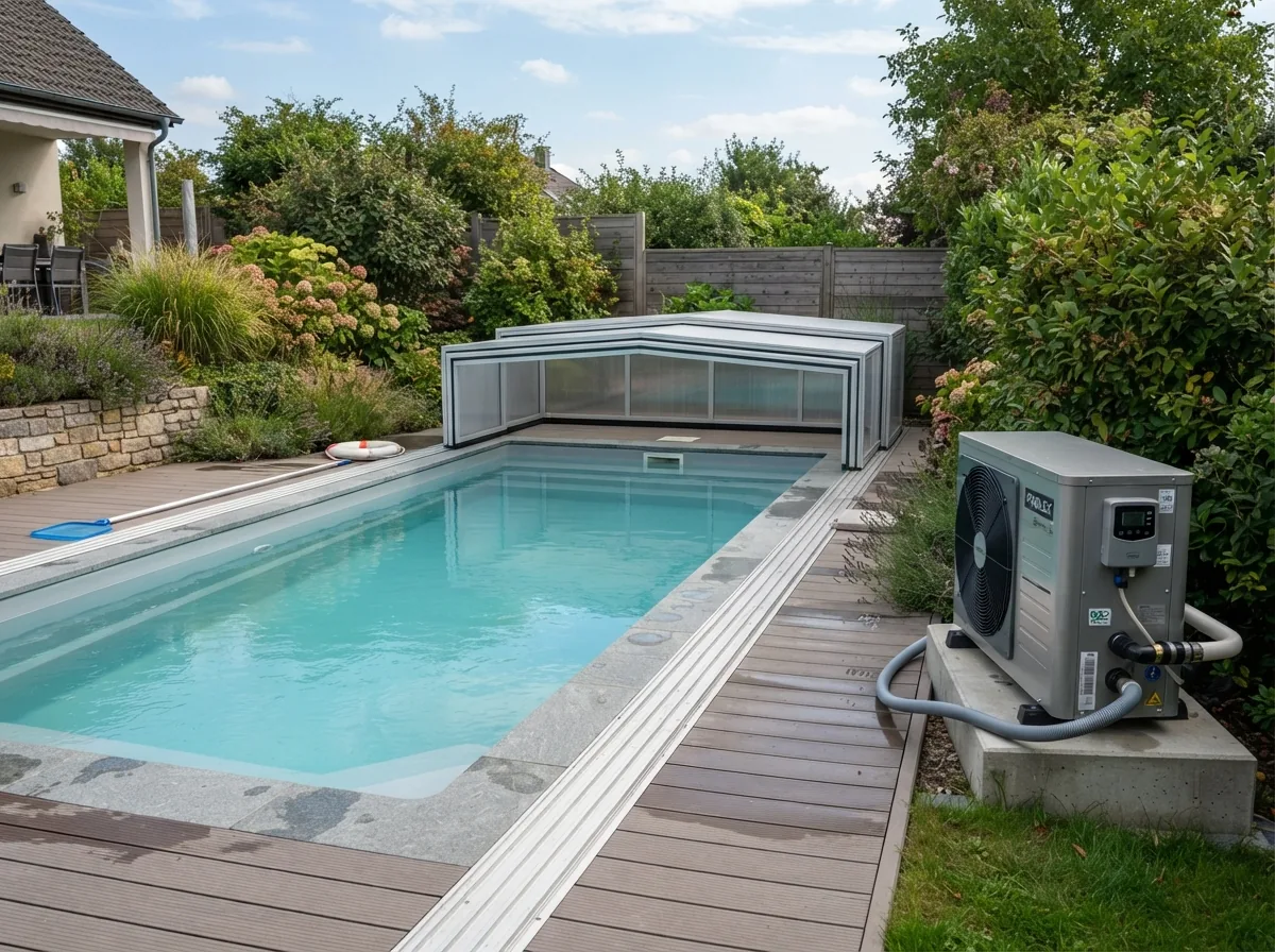 A fibreglass pool with the low sliding enclosure open, heat pump alongside