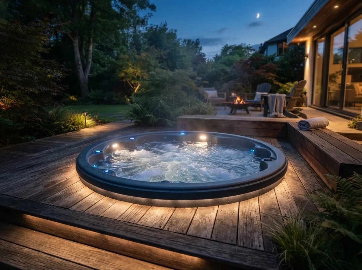 A sunken hot tub lit by LEDs on the decking at dusk