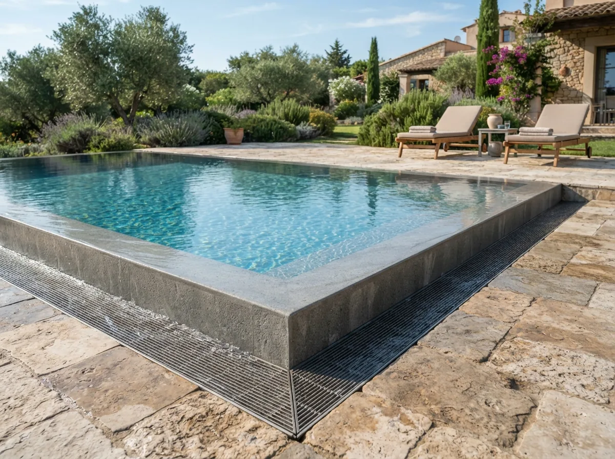 A concrete pool, 10 × 4 m, with a deck-level channel and stone surround